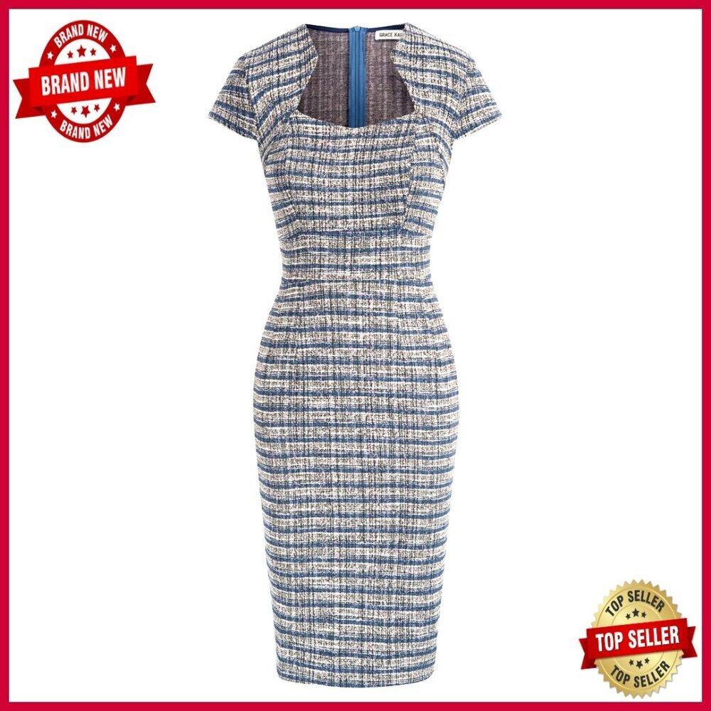 Vintage Tweed Bodycon Pencil Dress Cap Sleeve Knee-Length Elegant Chic